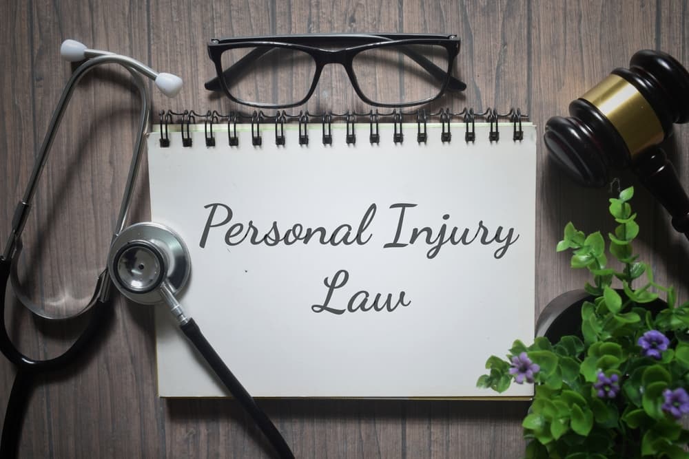 Stethoscope and gavel with 'Personal Injury Law' inscription. Concept of legal representation.