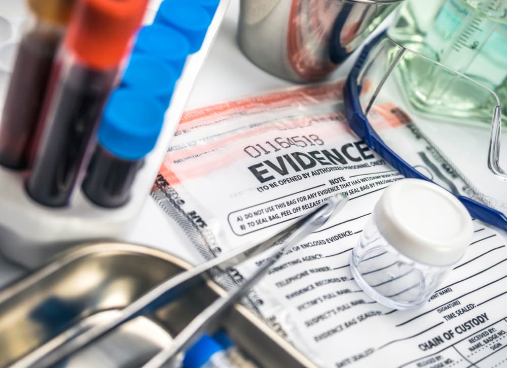 Evidence bag in police scientific laboratory, representing forensic investigation concept.