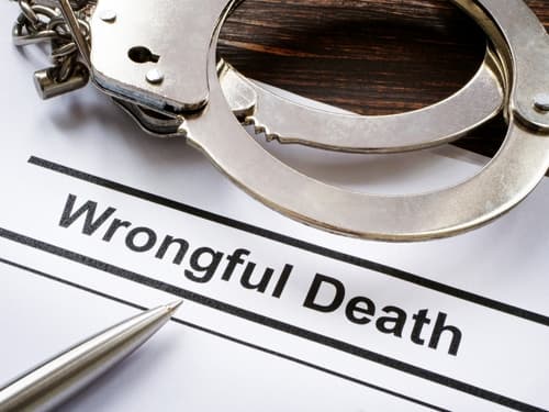 wrongful death paper on desk with pen and handcuffs