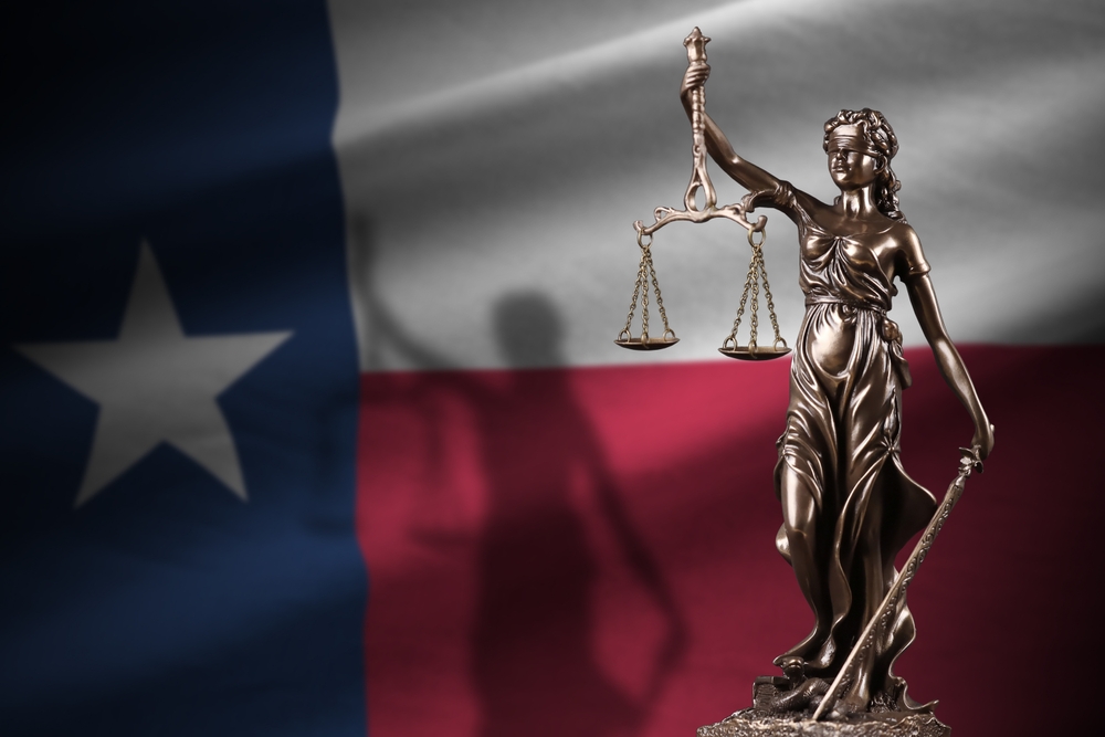 Lady Justice statue in front of the Texas state flag, representing Texas judicial clemency and criminal defense law.